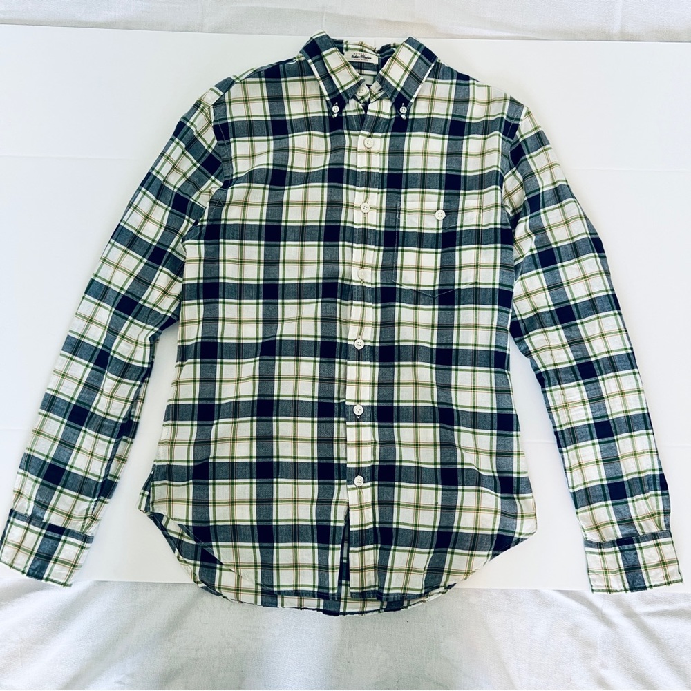 Todd Snyder Madras Blue Green check plaid button down long sleeve shirt. Small